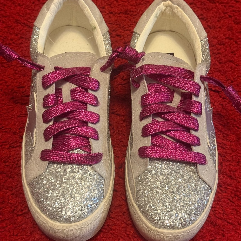Sparkly Silver Sneakers with Pink Laces
